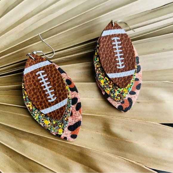 🏈 New! Layered Leopard Glitter PU Leather Football Dangle Earrings - Picture 7 of 7